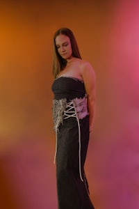 JEANIE wearable art denim strapless dress with sustainable loom corset