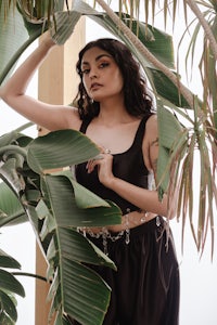 LUMINAIRE black silk two piece corset and pant set with elastic waistband