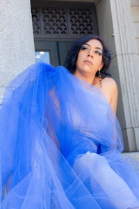 PURA ombre blue one shoulder Tulle gown 