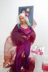 ZINNIA plum top and pleated pant set with ombre tulle sleeves 